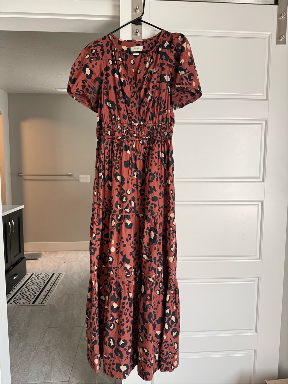 Maeve Rust Animal Print Midi Dress with Smocked Waist